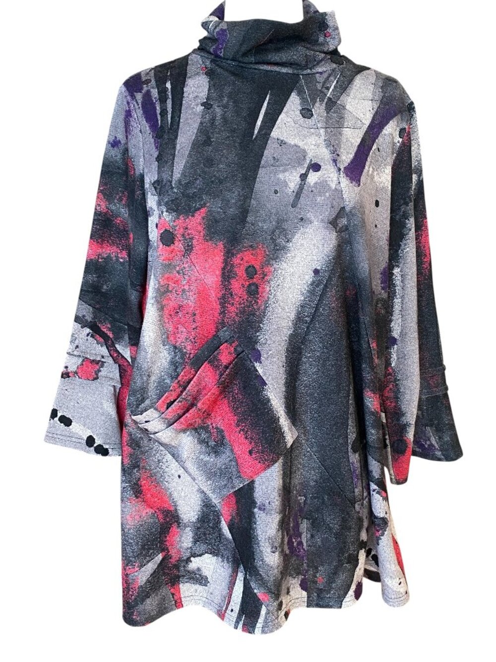 Damee Abstract Art-to-Wear Tunic Mock Neck Gray Pink Oversized Pocket Whimsy-XL
